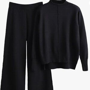 Women's 2 Piece Outfits Sweatsuit Mock Knit Pullover Top Wide Leg Tracksuit -MED